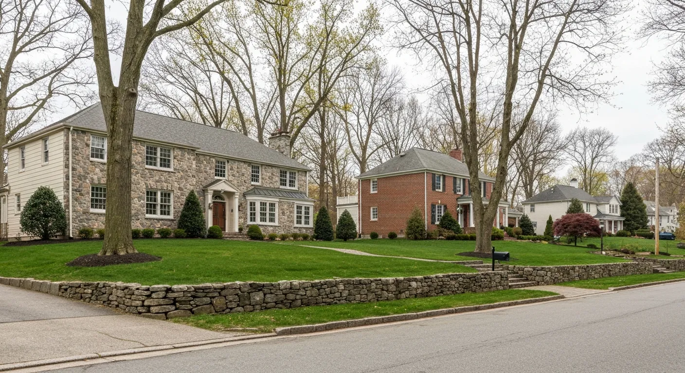 Affluent suburban residential street in Blue Bell, Pennsylvania showing large 1970s–1980s stone-front colonial homes on wooded lots with mature trees and a stone retaining wall