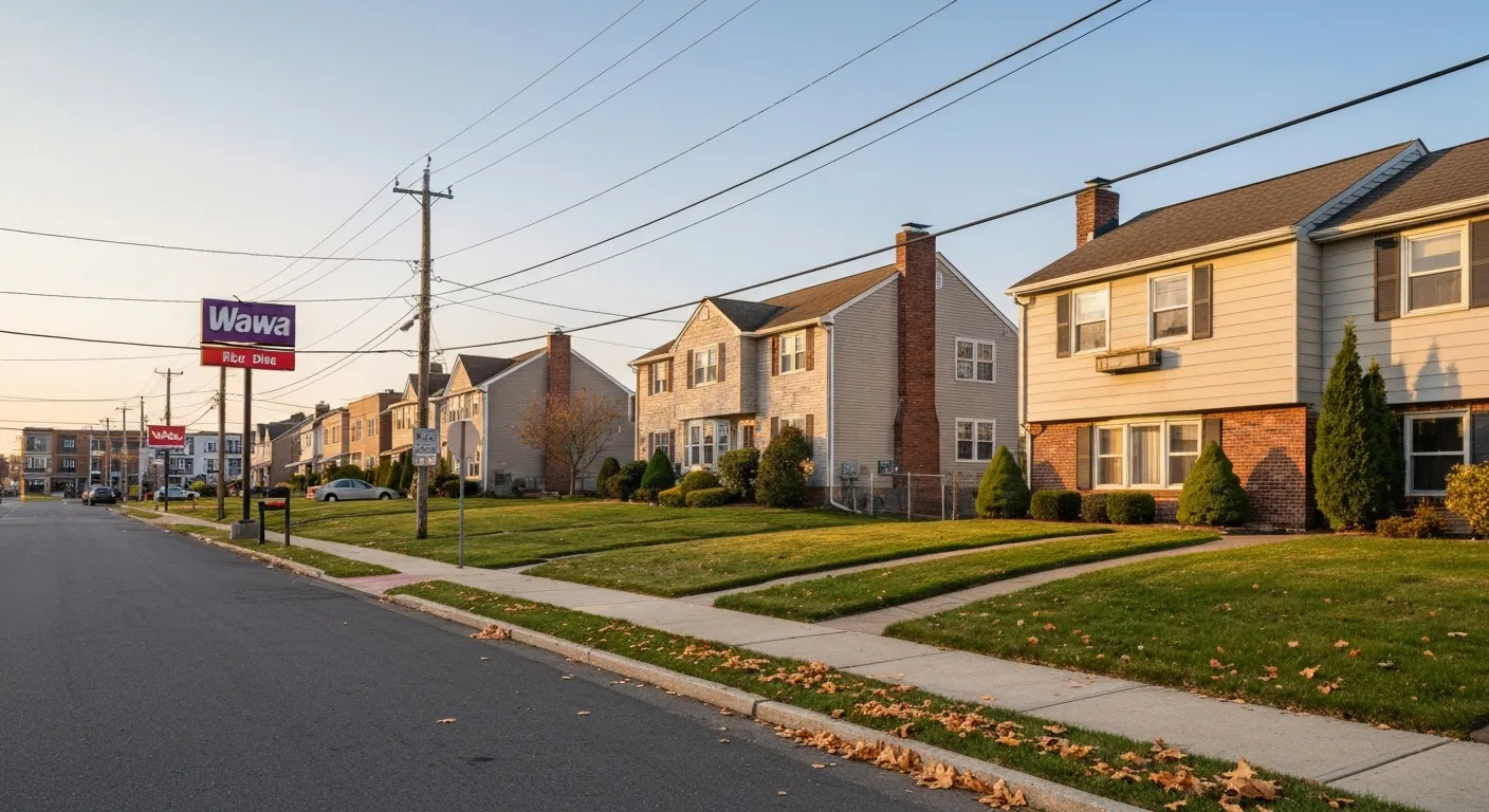 Suburban residential street in King of Prussia, Pennsylvania showing 1970s–1980s split-level and colonial homes with maple-lined sidewalks