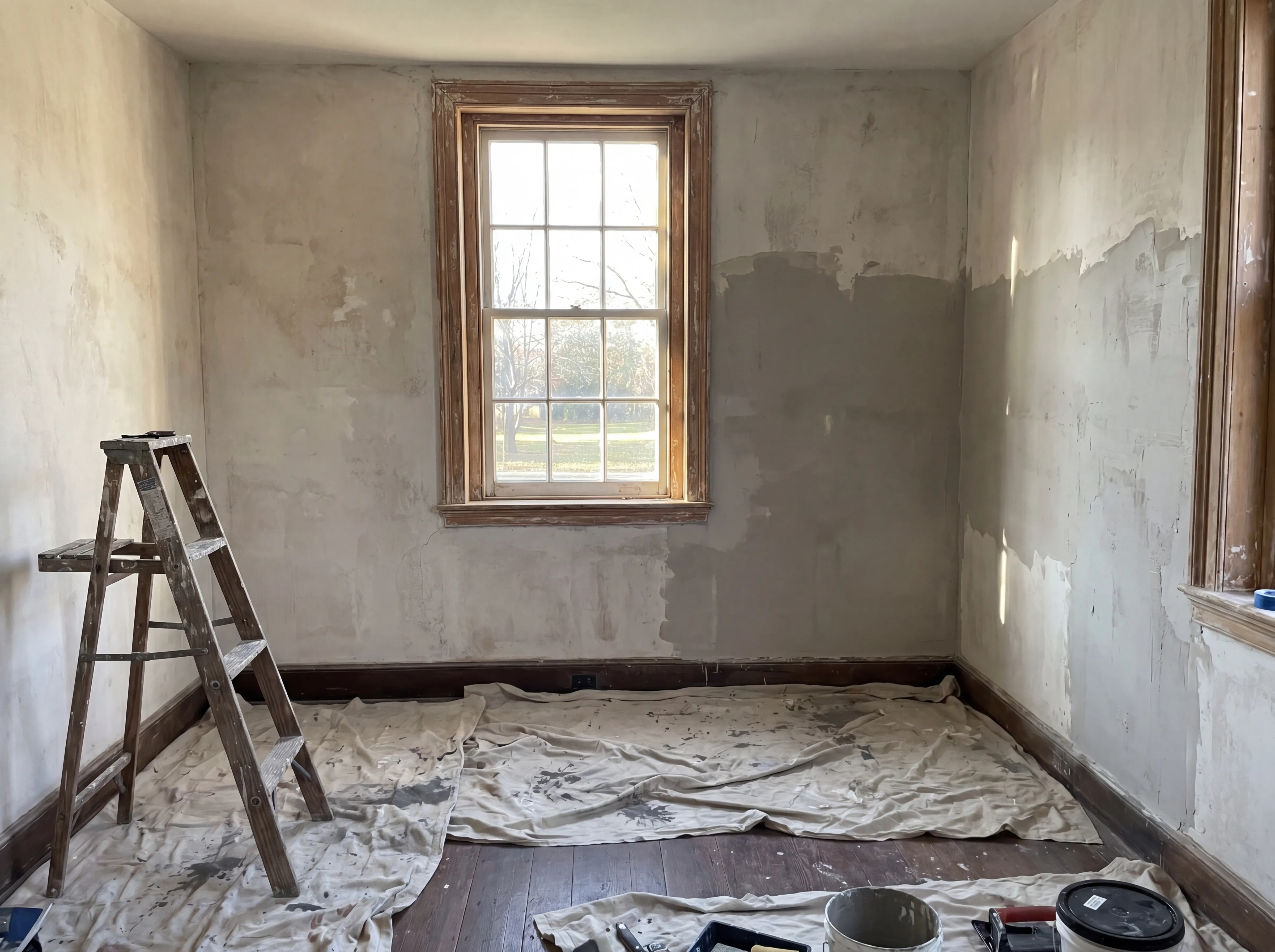 Interior of a pre-1940 Pennsylvania colonial home dining room mid-renovation, original plaster walls partially refinished with a fresh skim coat, hardwood floors protected by canvas drop cloths, a step ladder visible at the edge of the frame