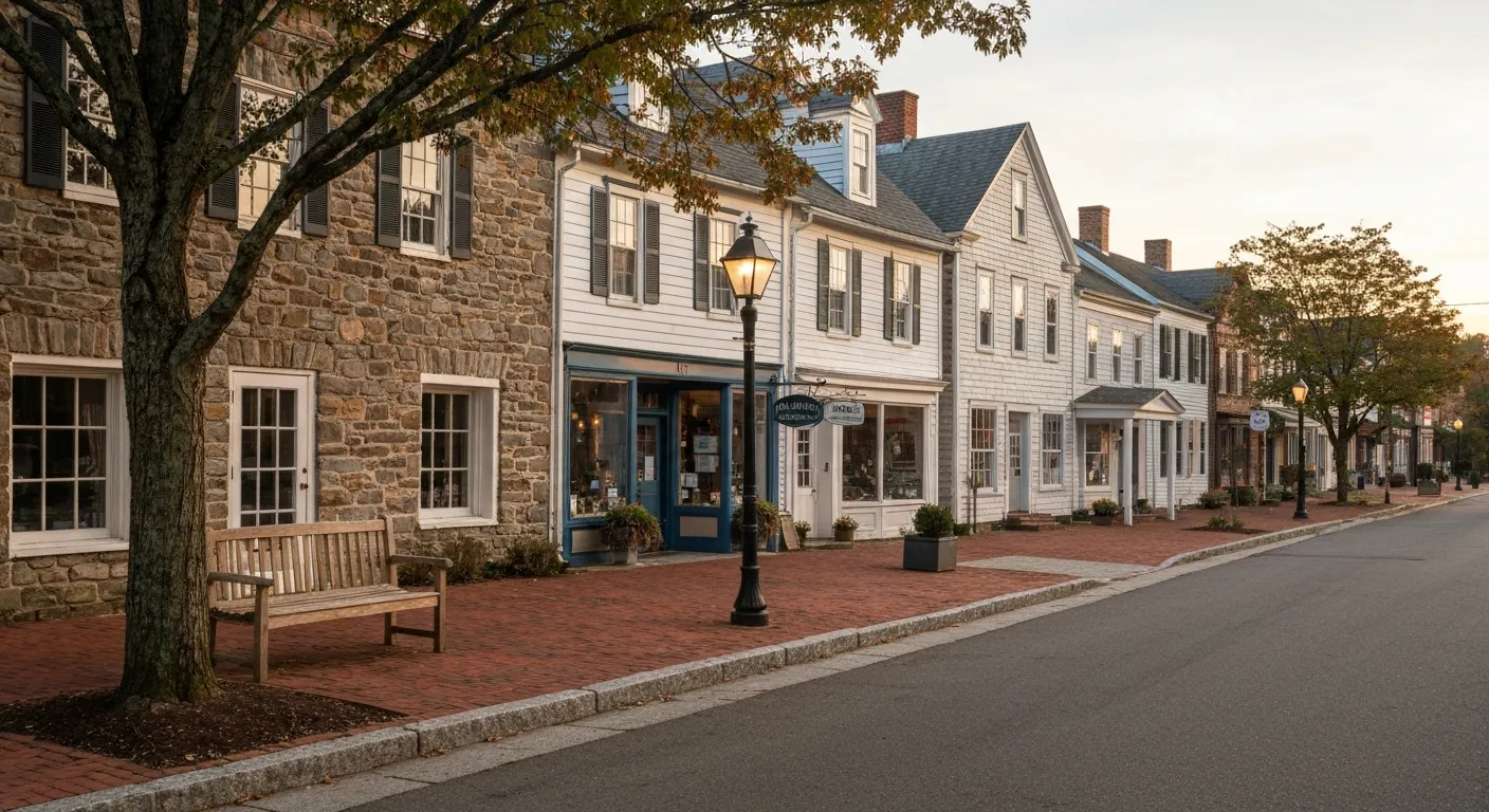Historic village street in Skippack, Pennsylvania showing restored 19th-century clapboard and stone houses converted to small storefronts along Skippack Pike, autumn golden-hour light