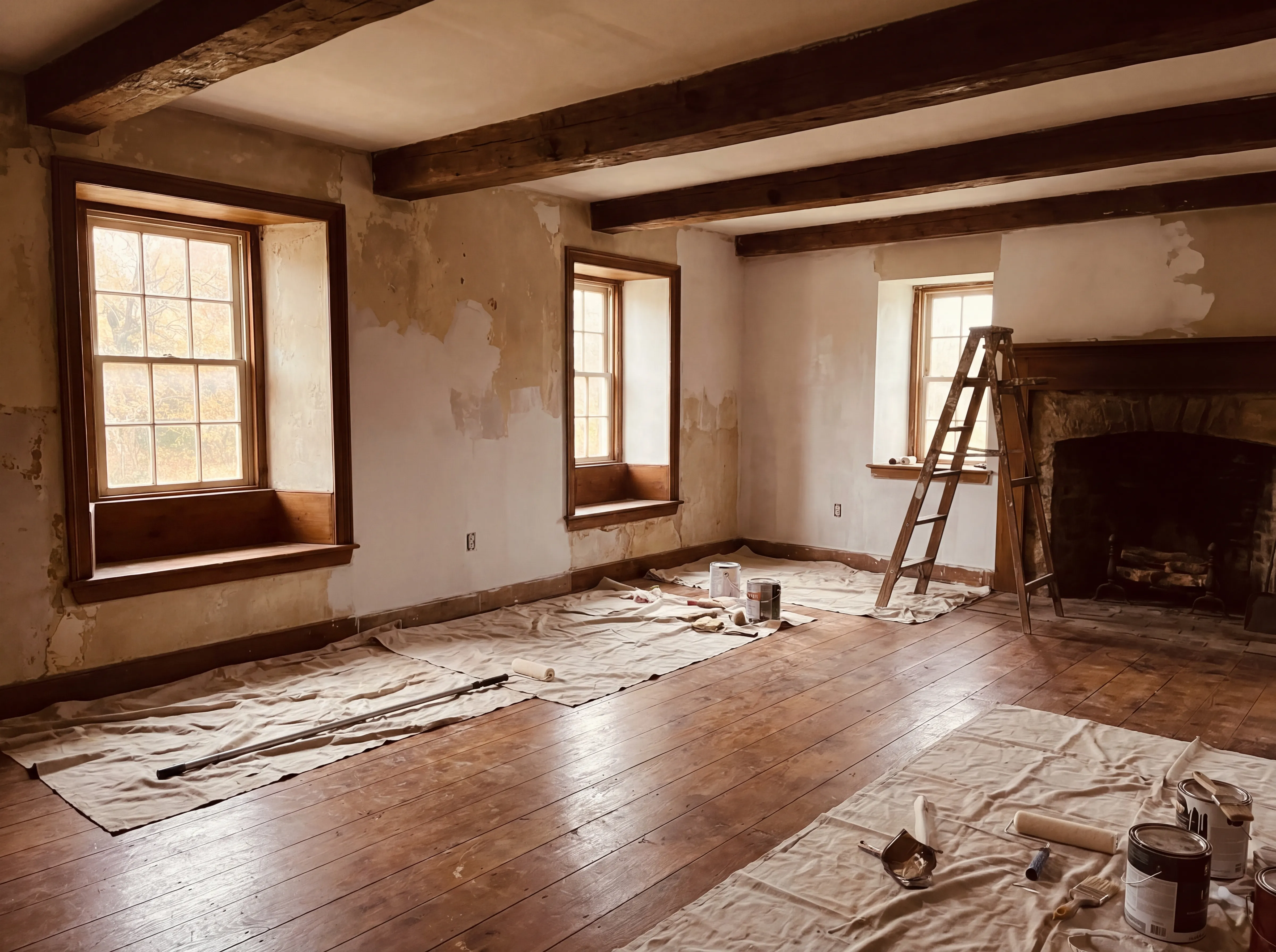 Interior of a restored 19th-century Pennsylvania farmhouse great-room mid-paint, original wide-plank oak floors covered with canvas drop cloths, exposed wood ceiling beams overhead, plaster walls partially refinished with a fresh skim coat