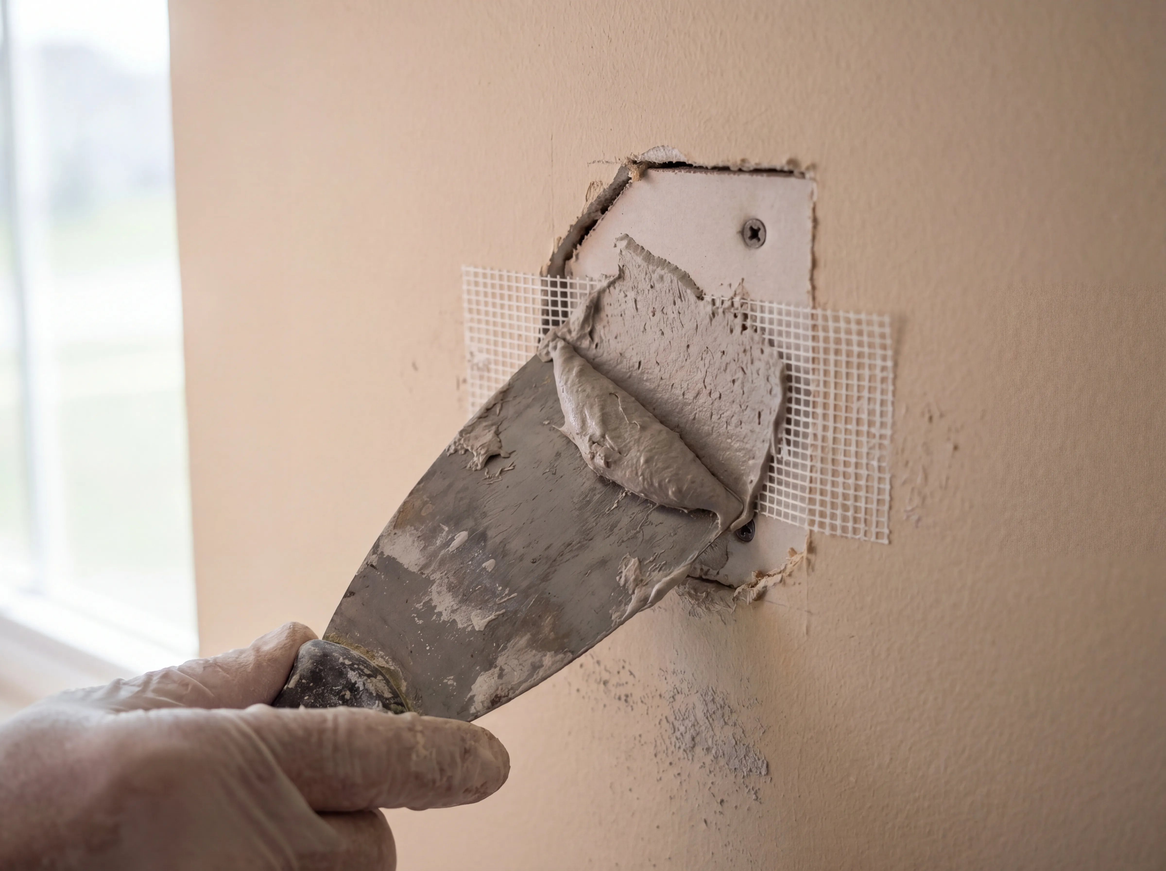 Macro close-up of a hand using a 4-inch putty knife to apply joint compound over mesh tape on a fist-sized hole in a residential wall, soft natural daylight, drywall patch piece visible behind the mesh