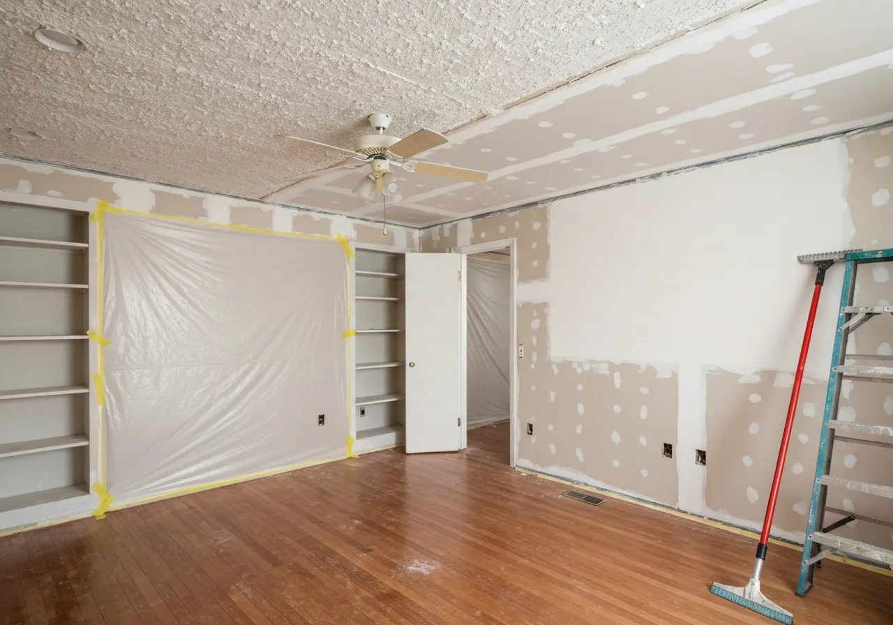 Interior of a 1970s Pennsylvania bedroom mid-popcorn-ceiling-removal, plastic sheeting taped to the walls, half the popcorn ceiling already scraped smooth, scraping pole leaning against a step ladder
